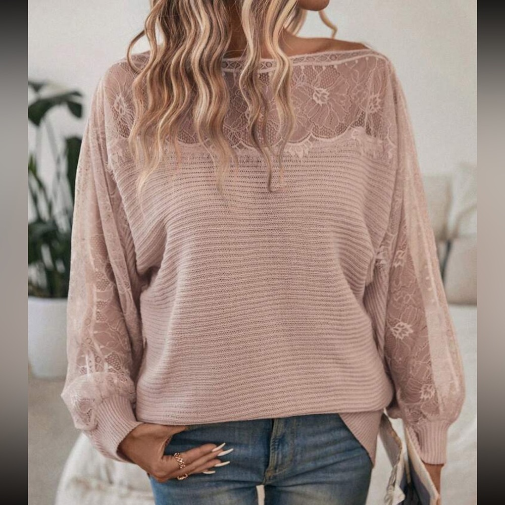 Cozy Contrast Lace Asymmetrical Boat Neck Batwing Sleeve Sweater Top - Picture 6 of 7